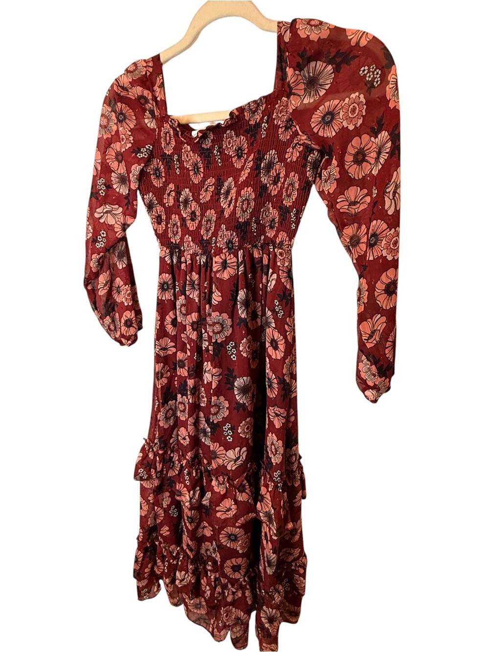 Tween Diva Floral Smocked MAXI Dress in Burgundy